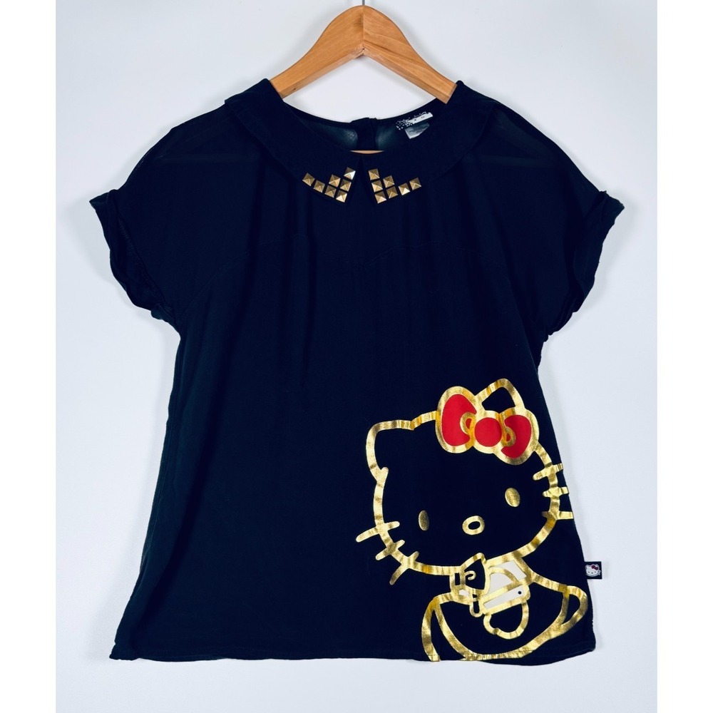 Hello Kitty Sanrio Top Womens Large Black Gold Studded Collar Sheer Button Back